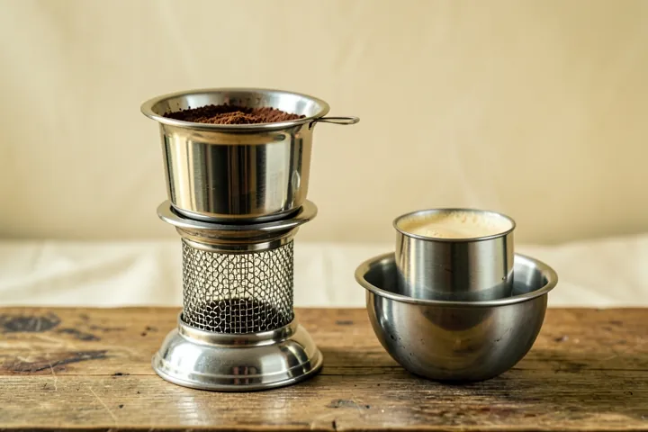 A steel South Indian coffee filter beside a tumbler and bowl of frothy filter coffee