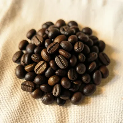 Dark roast coffee beans, almost black with an oily sheen