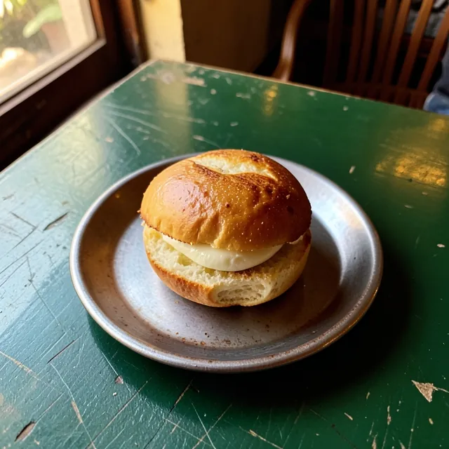 A soft bun split and spread with butter