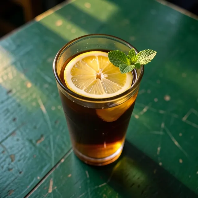 A glass of lemon mint tea with a lemon slice and mint leaf