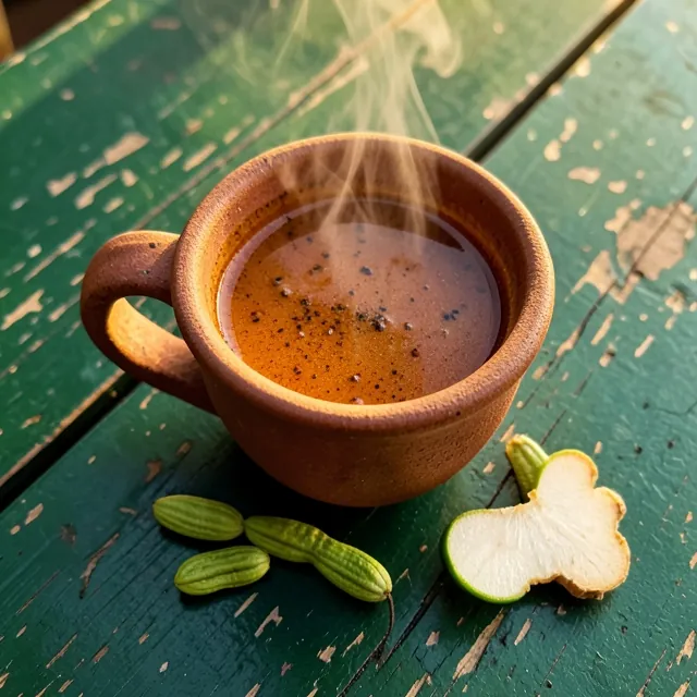 Masala chai in a clay cup with cardamom and ginger