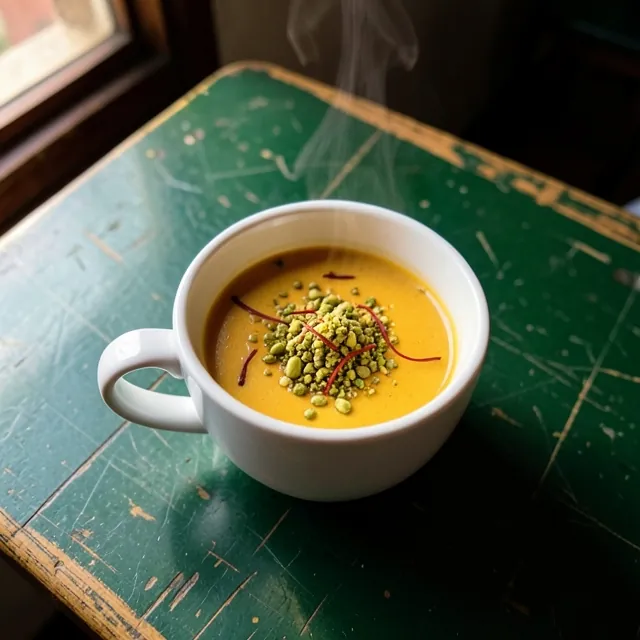 Saffron chai topped with pistachio and saffron threads