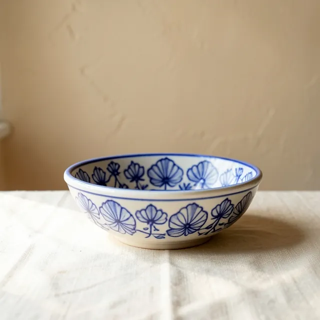 White serving bowl hand-painted with cobalt blue petals