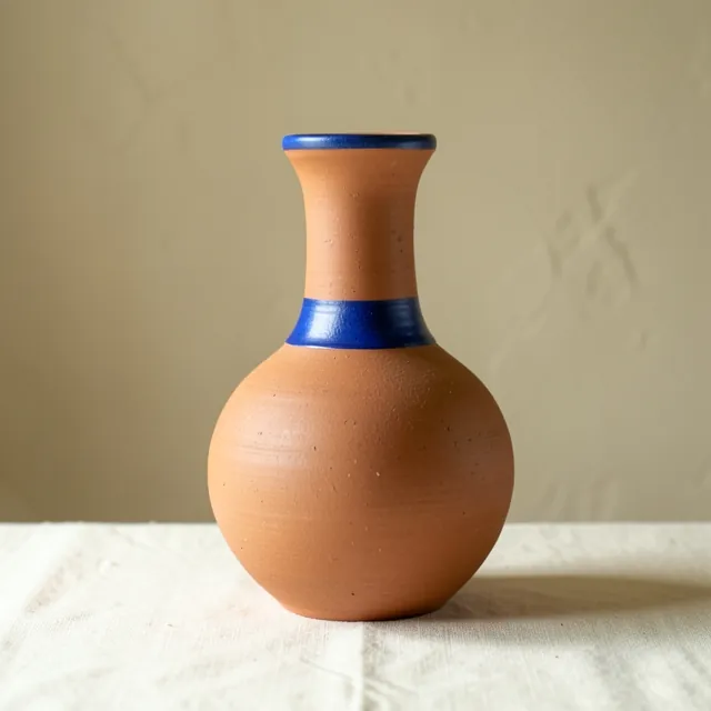 Round-bellied terracotta water carafe with a cobalt blue band at the neck
