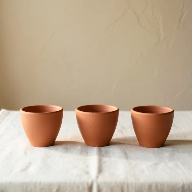 Small unglazed terracotta clay cups in a row
