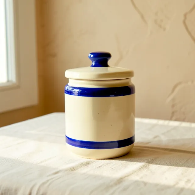 Lidded cream pickle jar with two cobalt blue bands