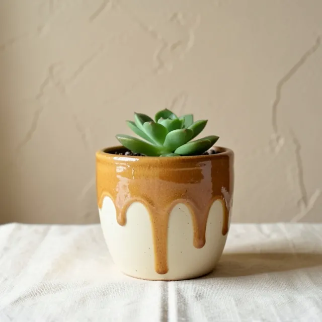 Ochre drip-glazed planter with a small succulent