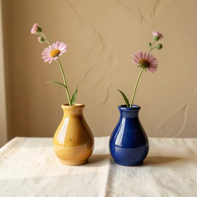 Two small bud vases, one ochre and one blue, each holding a pink wildflower