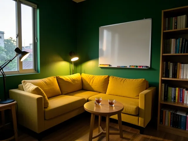 Breakout corner with a yellow sofa, a whiteboard and a bookshelf