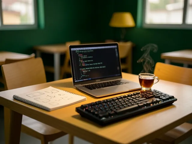 A desk with a laptop, a sketch notebook and a glass of tea