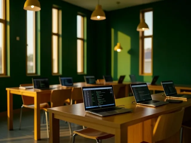 The lab: long oak tables of laptops under pendant lamps