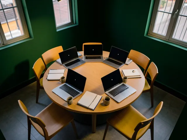One lab table with eight seats around it