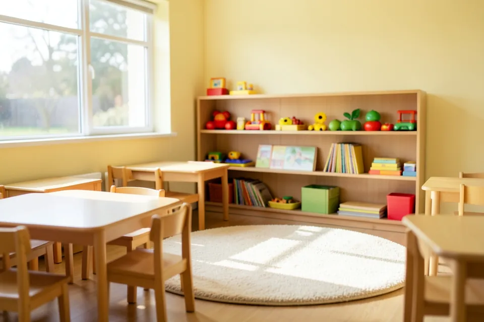 An empty, sunlit classroom with low wooden tables, small chairs and shelves of toys