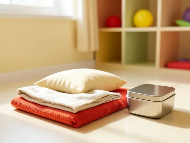 A nap mat with a small pillow and blanket beside a steel lunchbox