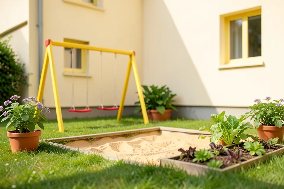 The garden with a sand pit, a swing set and a small vegetable patch