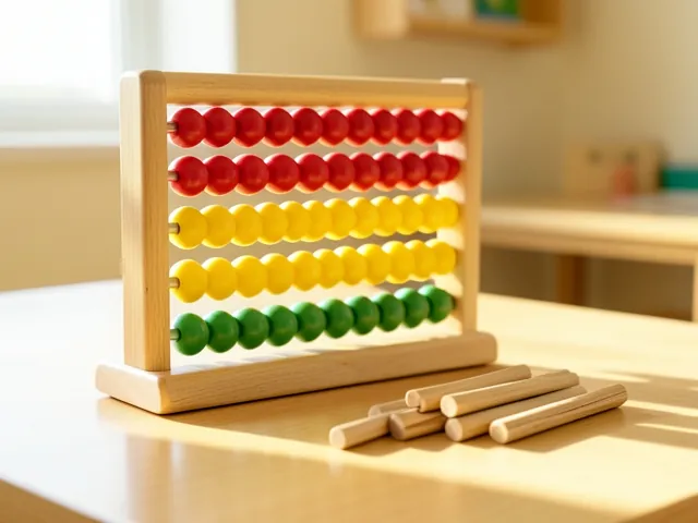 A wooden abacus with red, yellow and green beads and counting sticks