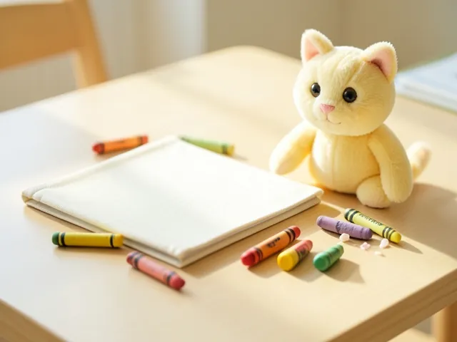 Cloth picture books, crayons and a soft toy cat on a low table