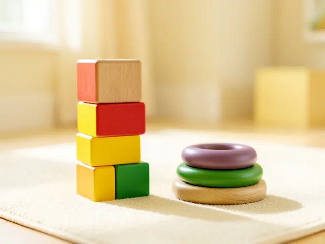 Wooden building blocks and a stacking ring toy on a play mat