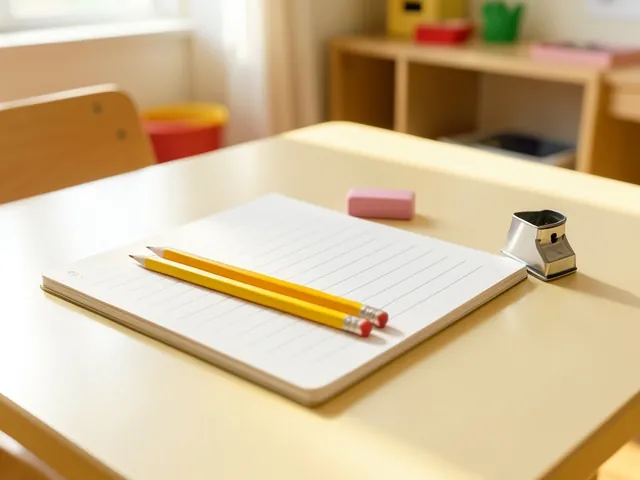 A ruled exercise book, two pencils, an eraser and a sharpener on a desk