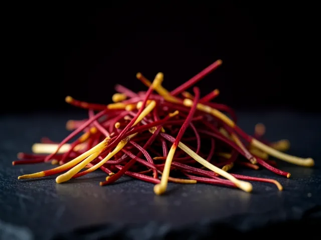 A small pile of long saffron threads with pale yellow ends
