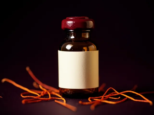 An amber glass vial sealed with dark red wax, with saffron threads beside it