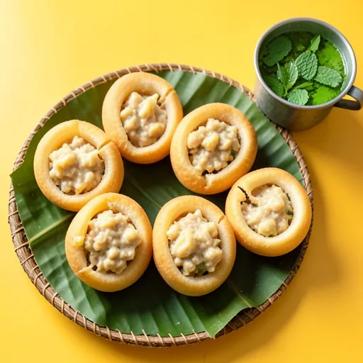 Six filled crisp puffs with a cup of mint water