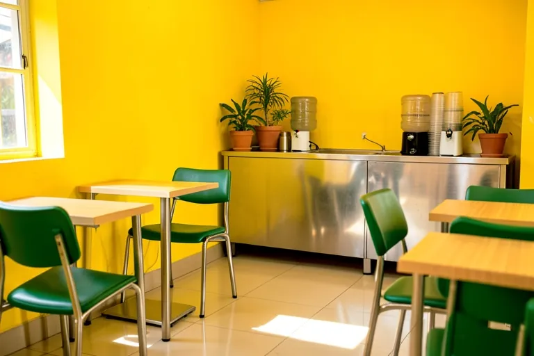 A small yellow and green snack café interior