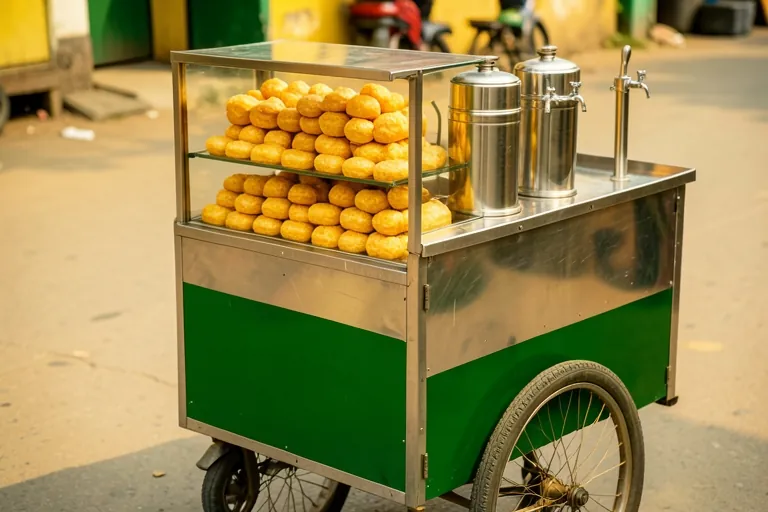 A steel street-food cart with water dispensers