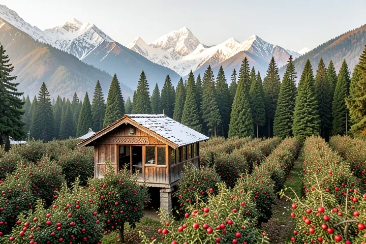 A wooden loft above an apple orchard, with snowy mountains behind