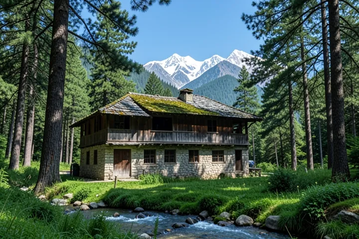 Old wood-and-stone house among deodar trees in the Tirthan valley