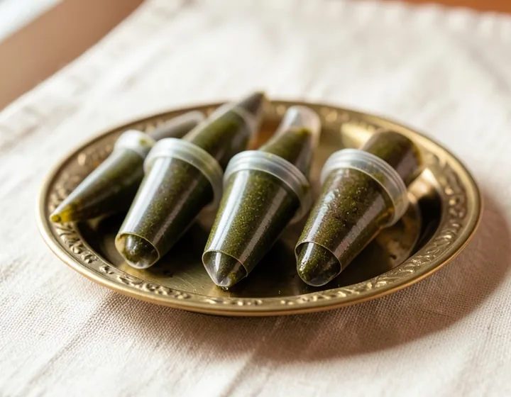 Hand-rolled henna cones filled with paste on a brass tray