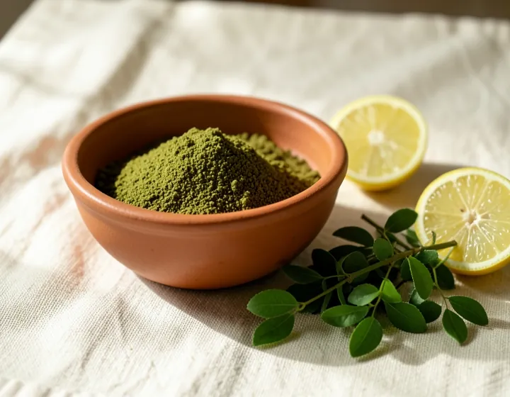 A terracotta bowl of green henna powder with fresh henna leaves and halved lemons