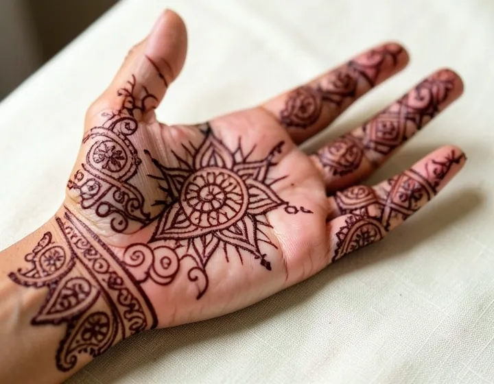 An open palm with a dark reddish-brown henna mandala and lattice on the fingers