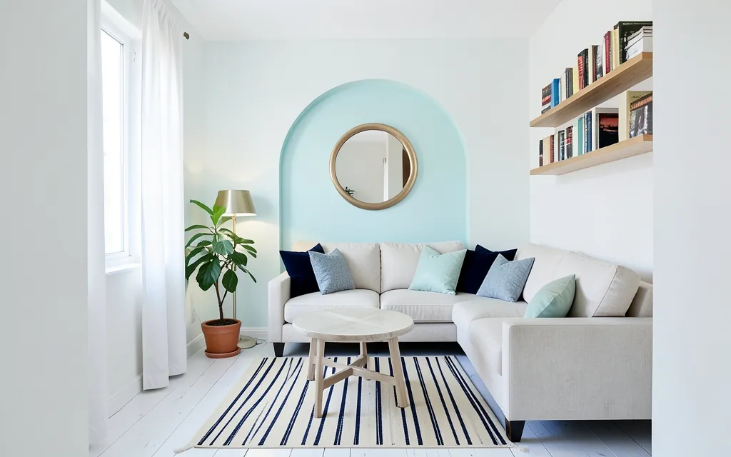 After, Coastal White: white walls, sea-glass blue arch, whitewashed oak floor, linen sofa with navy cushions
