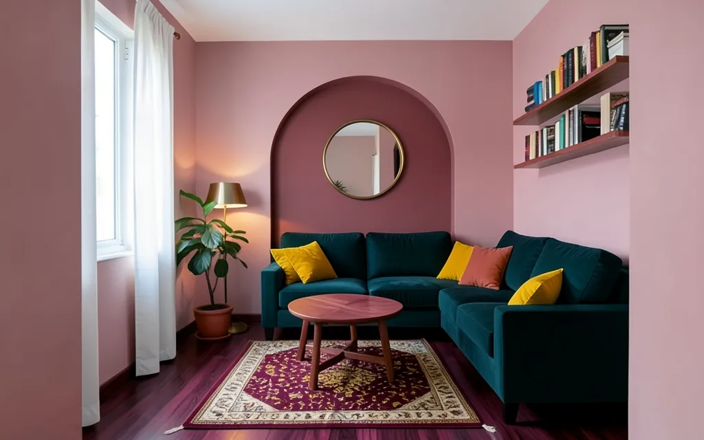 After, Jaipur Pink: rose walls and arch, rosewood floor, teal velvet sofa with marigold cushions