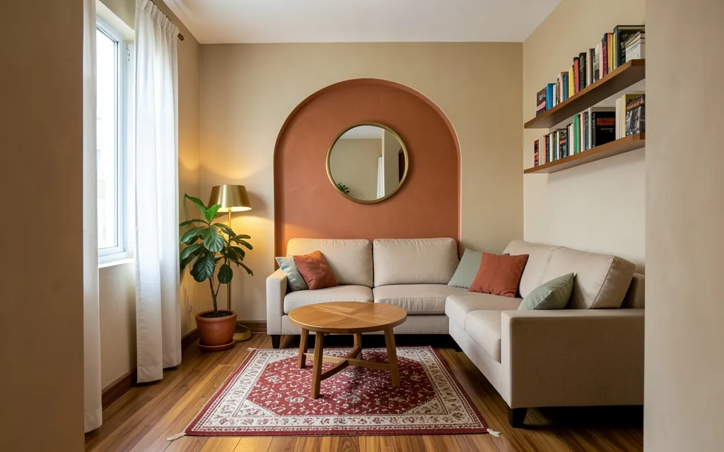 After, Teak and Terracotta: limewashed walls, terracotta arch with a brass mirror, teak floor, oat linen sofa and a handwoven rug