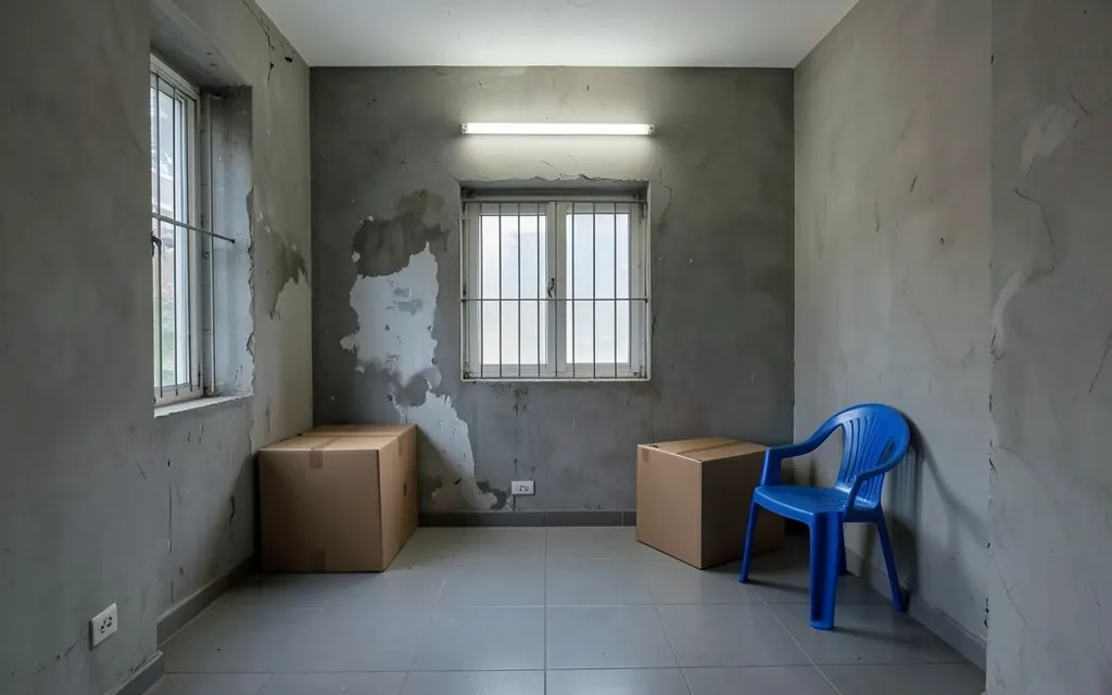 Before: the empty living room on handover day, grey plaster walls with a damp patch, bare tube light, grilled window, two boxes and a plastic chair