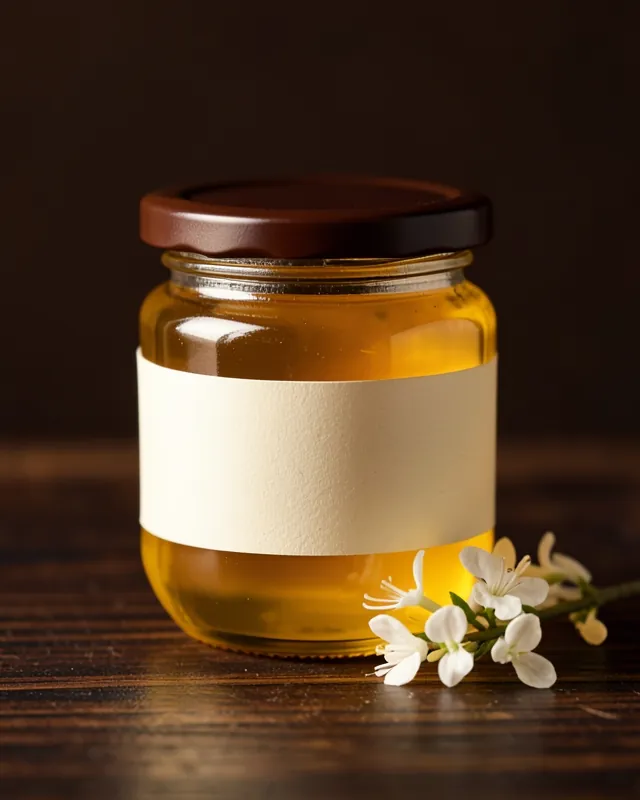Glass jar of pale golden Coffee Blossom honey beside a sprig of white coffee flowers