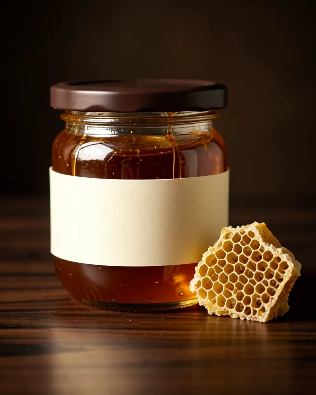 Glass jar of amber Wild Forest honey with a piece of honeycomb