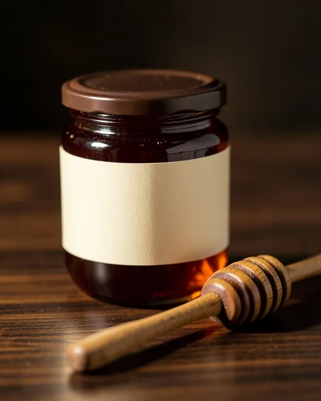 Glass jar of dark Rock Bee honey with a wooden honey dipper