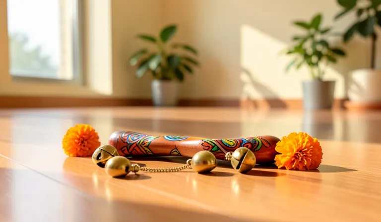 A painted dandiya stick, ankle bells and marigolds on a wooden floor