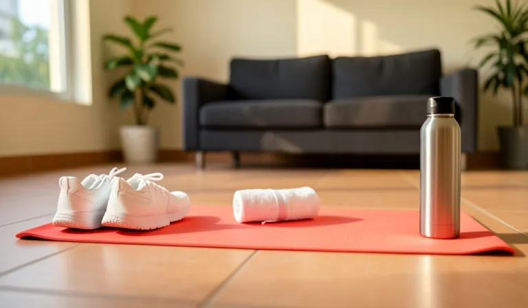 A red exercise mat with running shoes, a towel and a water bottle in a living room