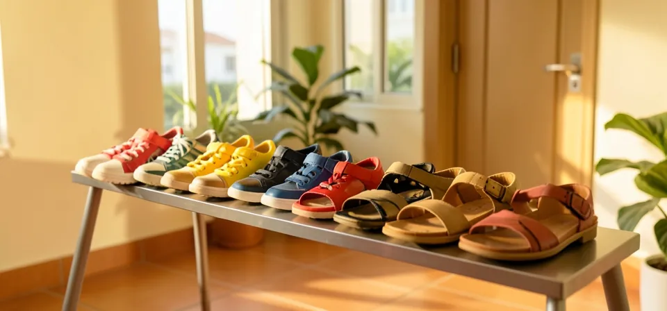 Six pairs of family shoes, from small sneakers to sandals, lined up by a front door