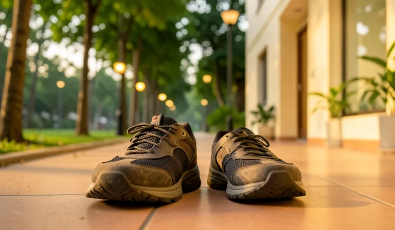 A pair of walking shoes on a tree-lined path at dusk