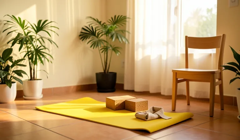 A yellow yoga mat with two cork blocks and a chair by a sunny window
