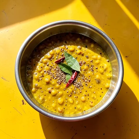 Yellow lentil curry tempered with cumin, red chilli and curry leaves