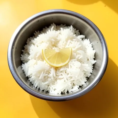 Steamed white rice with a lemon wedge