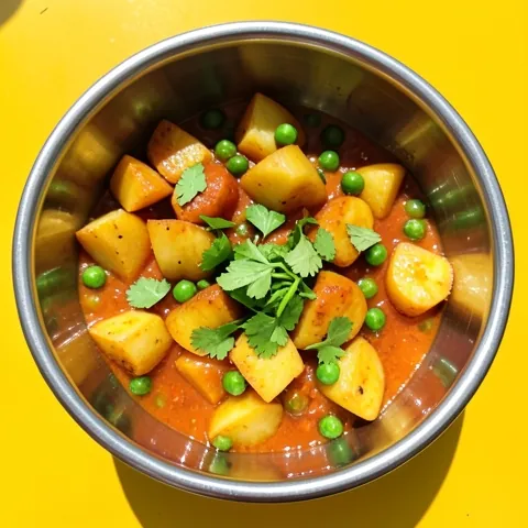 Potatoes and green peas in a light tomato gravy