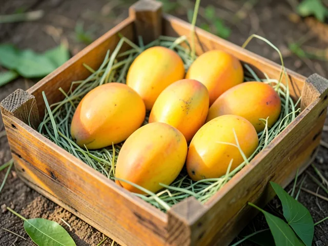 A small wooden crate of twelve ripe mangoes in straw
