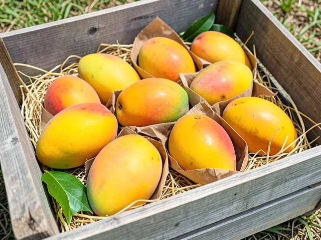 A rustic wooden crate of two dozen ripe mangoes in straw